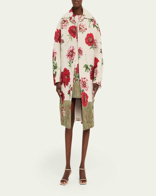 Oscar de la Renta White Oversized Peony Jacquard Coat