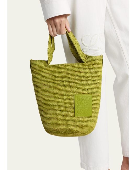 Loewe Green X Paula's Ibiza Slit Mini Tote Bag In Raffia With Leather Anagram