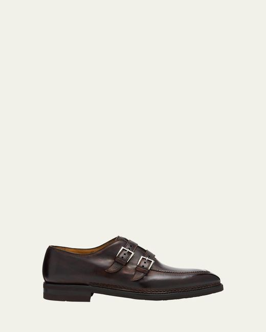Bontoni White Artistico Leather Double-Monk Strap Loafers for men
