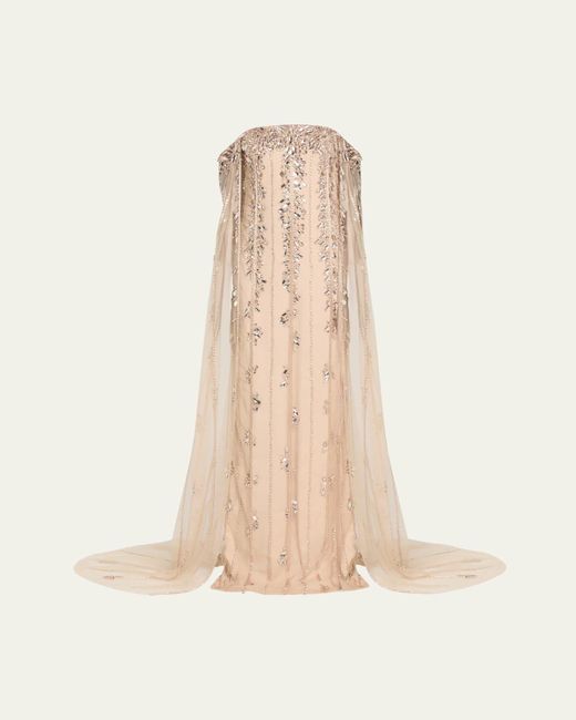Pamella Roland White Crystal Tulle Strapless Gown With Detachable Cape