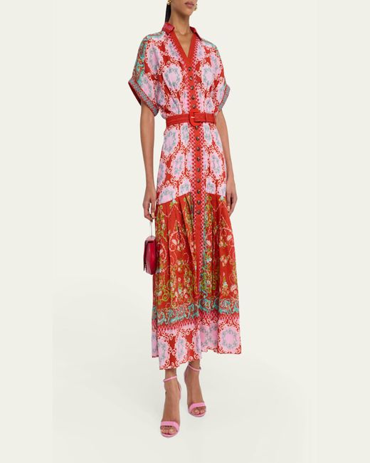 Saloni Red Riya-B Belted Floral Linen Maxi Shirt Dress