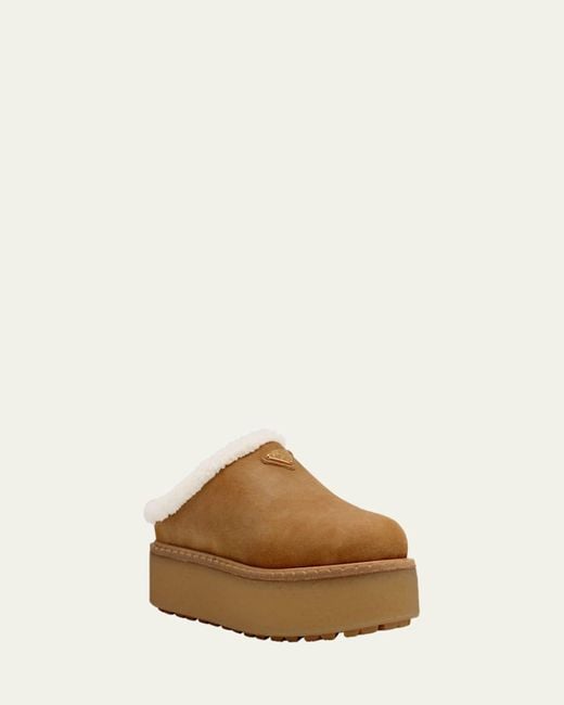 Prada Natural Suede Shearling Cozy Platform Mules