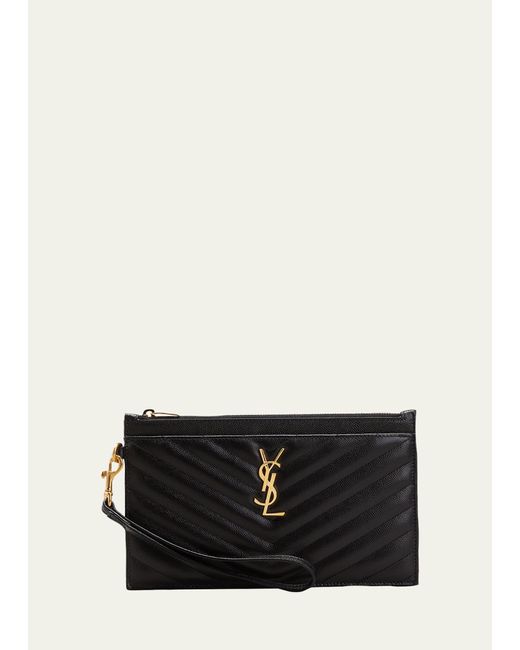 Saint Laurent Black Ysl Monogram Large Bill Pouch In Grained Leather