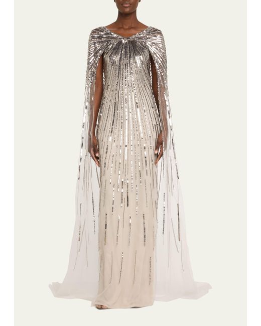 Pamella Roland Natural Silver Sequined Gown With Sheer Cape
