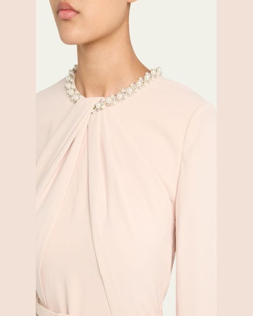 Roland Mouret Natural Beaded Twist Long-Sleeve Light Cady Midi Dress