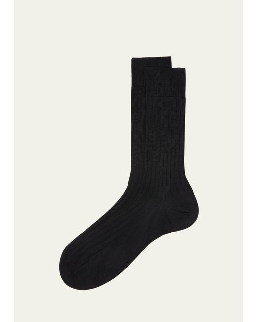 Pantherella Black Asberley Ribbed Silk Crew Socks for men