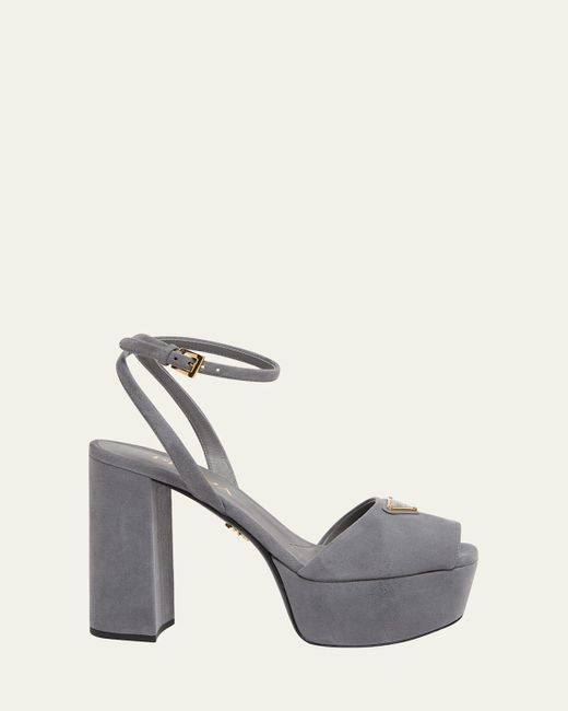 Prada White Triangle Logo Suede Ankle-Strap Platform Sandals