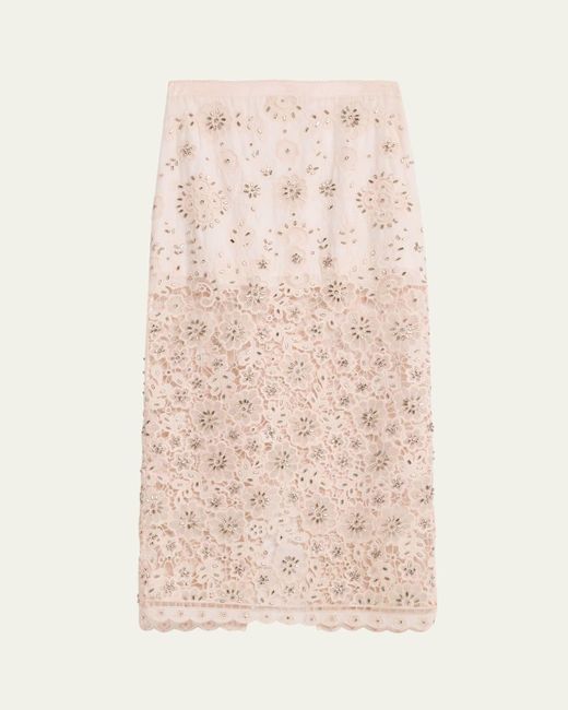 LoveShackFancy Natural Reeves Embellished Floral Midi Skirt