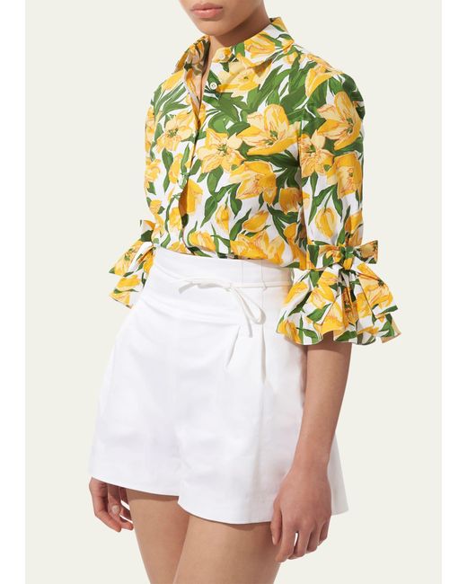 Carolina Herrera Yellow Floral Bow Flounce-sleeve Button Down Blouse