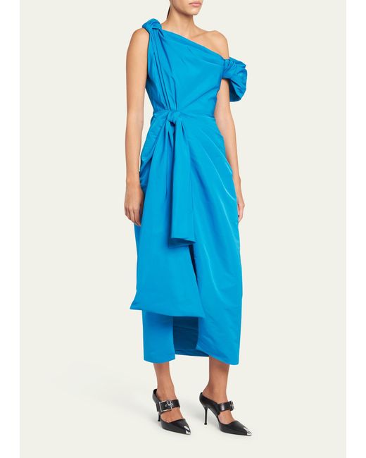 Alexander McQueen Blue Off-shoulder Midi Dress With Ruched Bow Detail