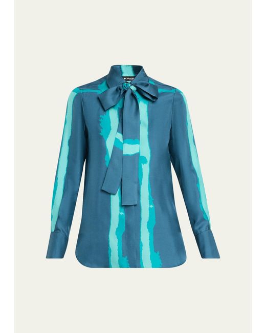 Kiton Blue Silk Bow-Neck Button-Down Shirt