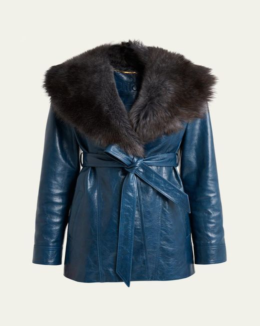 Chloé Blue Lamb Shearling Collar Shiny Leather Short Wrap Coat