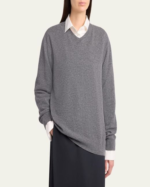 The Row Gray Ligeia V-Neck Cashmere Sweater