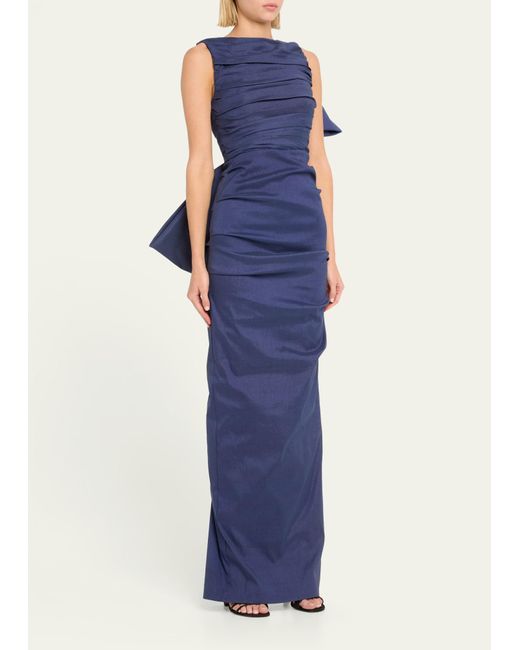 Rachel Gilbert Blue Zora Ruched Taffeta Gown With Back Bow