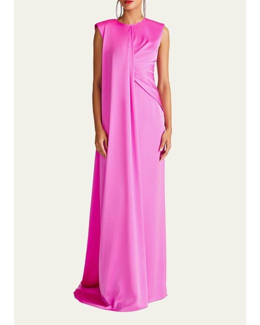 Halston Heritage Pink Tara Pleated Draped Satin Column Gown