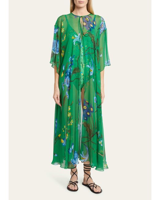 Erdem Green Floral-print Silk Open Maxi Kaftan Dress