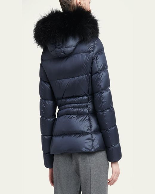 Moncler Blue Boed Short Puffer Jacket With Shearling Hood Trim