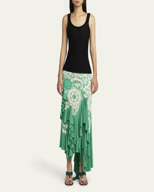 Etro Green Printed Draped Ruffle Maxi Skirt
