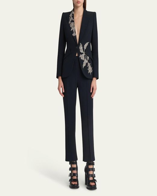 Alexander McQueen Black Floral Crystal One-Button Crepe Blazer