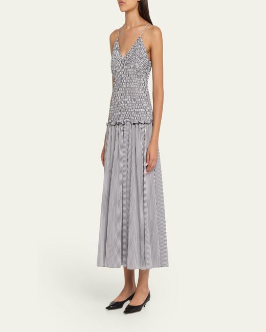 Brandon Maxwell Gray Josie Smocked Drop-Waist Maxi Dress