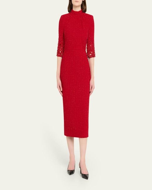 Badgley Mischka Mock-Neck Beaded Shimmer Tweed Midi Dress in Red | Lyst