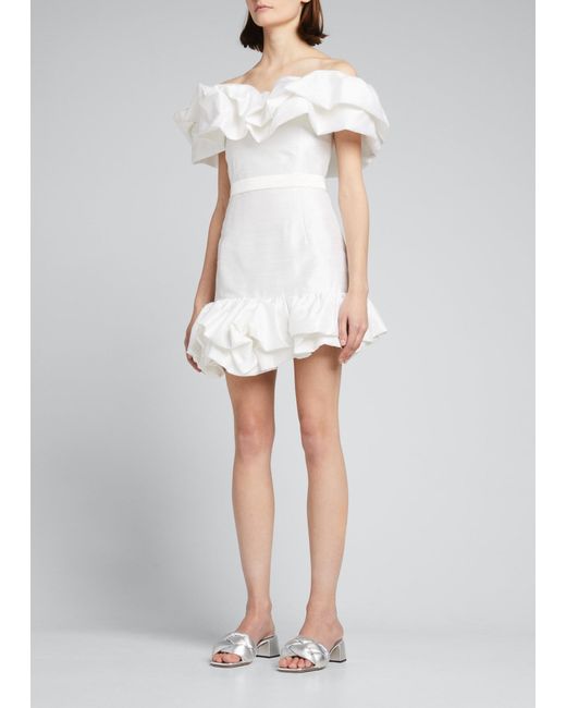 Markarian White Grace Off-the-shoulder Dupioni Ruffle Mini Dress