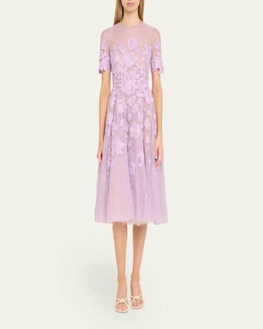 Oscar de la Renta Pink Roses Guipure Lace Applique Fit-Flare Midi Dress