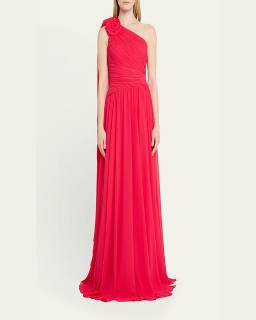 Sheath One-Shoulder Pleated Chiffon Dresses with Slit Fuchsia main image 1