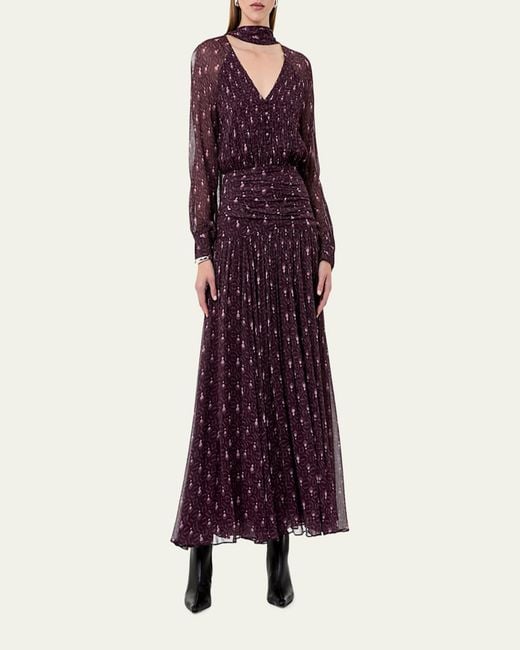 Nicholas Purple Draya Ruched Tie-Neck Viscose Maxi Dress