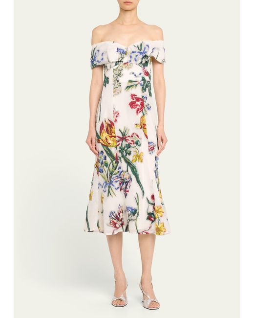 Marchesa White Off-shoulder Floral Fil Coupe Midi Dress