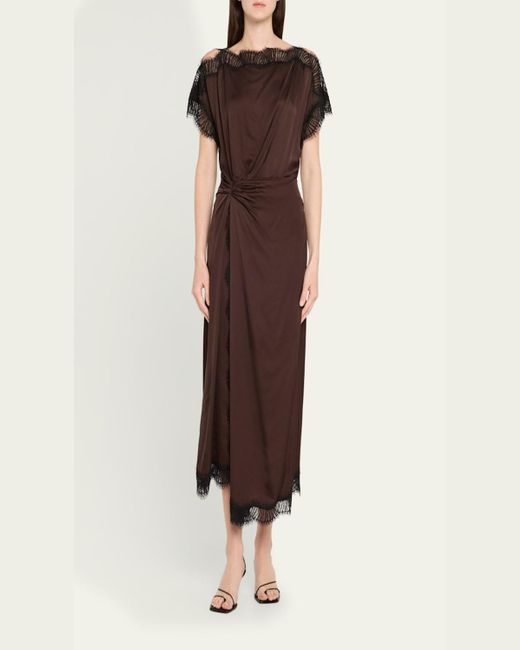 A.L.C. Brown Luna Satin Lace-Trim Midi Dress