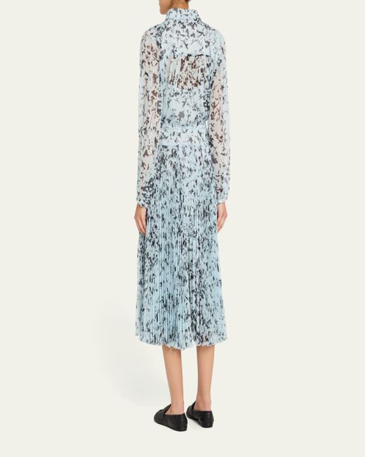 Proenza Schouler Blue Jones Printed Crinkle Chiffon Pleated Dress