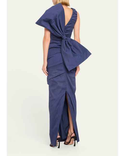 Rachel Gilbert Blue Zora Ruched Taffeta Gown With Back Bow