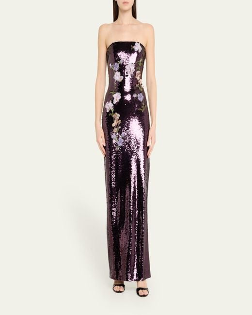 Monique Lhuillier White Strapless Floral-Embroidered Sequin Column Gown