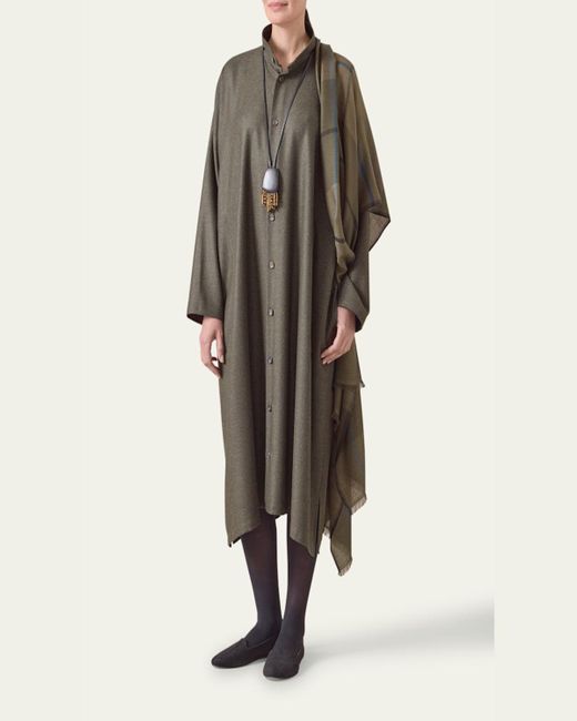 Eskandar Green Wide A-Line Shirtdress With Double-Stand Collar