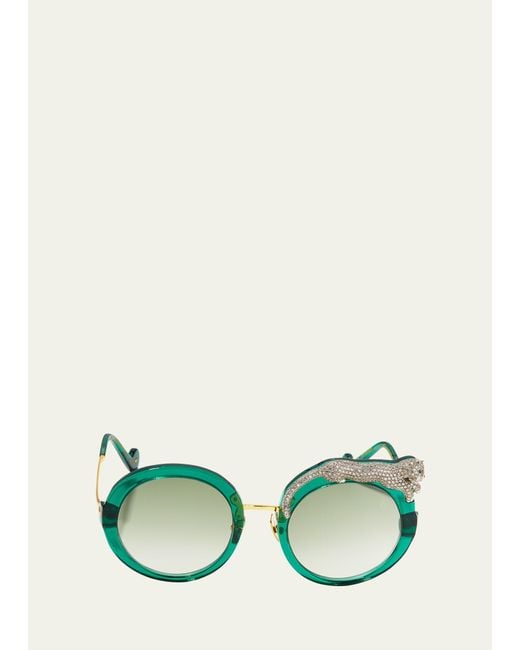 Anna Karin Karlsson Green Rose Et La Roue Round Crystal-embellished Leopard Sunglasses