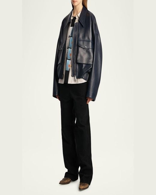 Khaite Blue Owey Leather Bomber Jacket