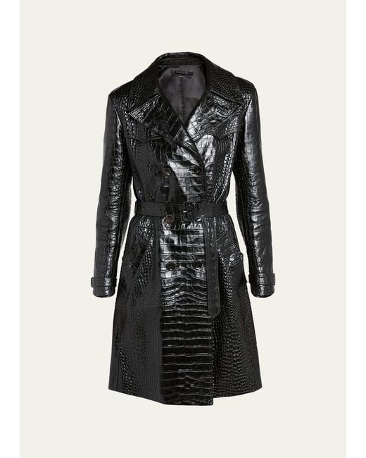 Tom Ford Black Croco Embossed Belted Leather Trench Coat