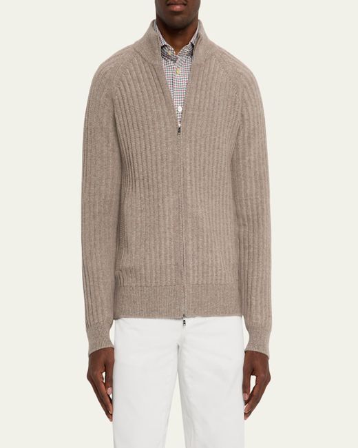 FIORONI CASHMERE Gray Wool And Cashmere Rib Full-Zip Sweater for men