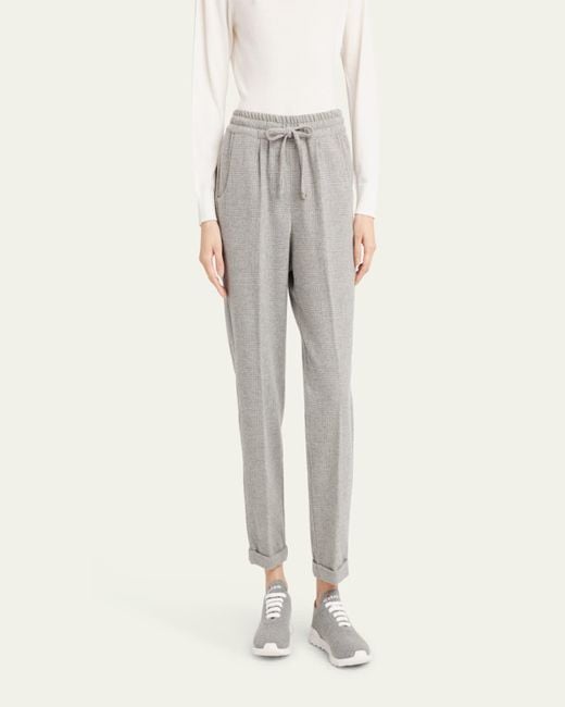 Kiton Gray Prince Of Wales Drawstring Wool Cashmere Pants