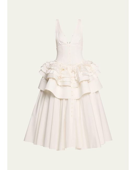 Christopher John Rogers Natural Tiered Ruffle Peplum Midi Dress