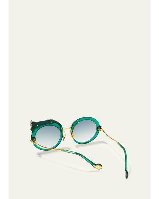 Anna Karin Karlsson Green Rose Et La Roue Round Crystal-embellished Leopard Sunglasses