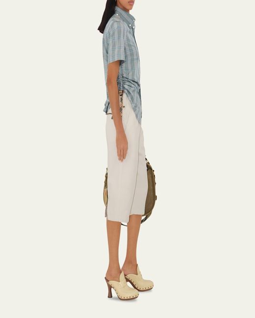 Burberry Blue Check Drawstring Button Down Cotton Shirt