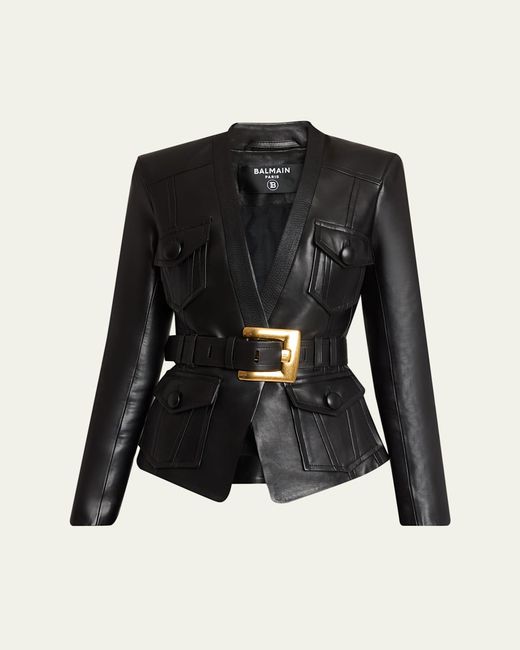 Balmain Black Belted Leather Fitted Jacket