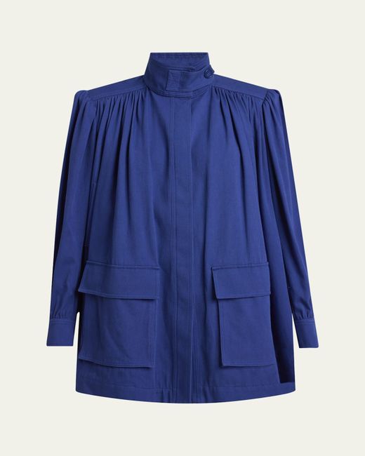 Chloé Blue Gathered High Neck Utilitarian Canvas Jacket