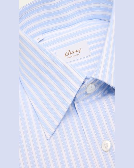 Brioni Blue Textured Cotton Stripe Point-Collar Dress Shirt for men