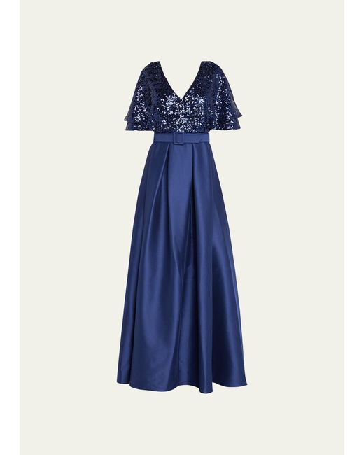 Badgley Mischka Blue Flutter-sleeve Pleated Sequin Gown