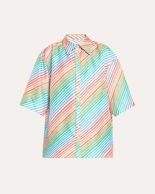 Christopher John Rogers White Crayon Stripe Jumbo Short Sleeve Silk Shirt