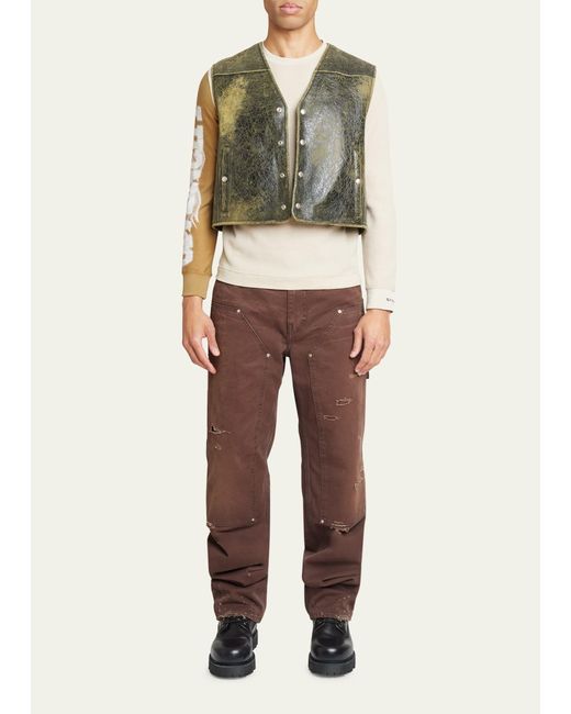 Givenchy Green Distressed Leather Snap Vest for men