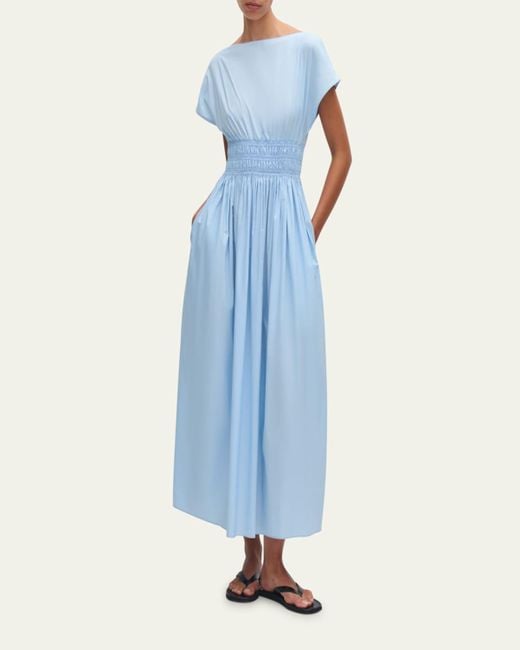 Matteau Blue Shirred-Waist Midi Dress